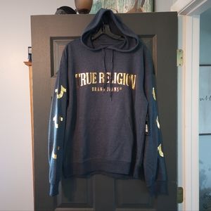 Nwt True Religion brand jeans hoodie pullover sweater all over logo gold navy L